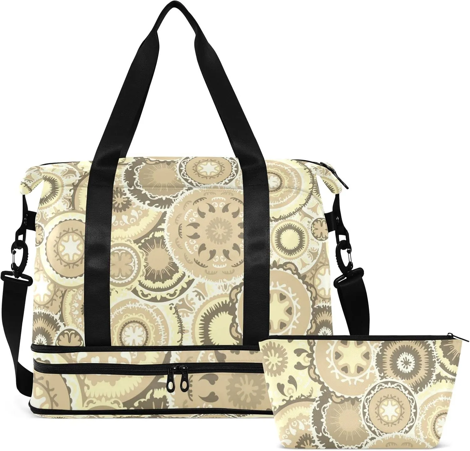 Beige Brown Ethnic Tribal Circles Texture Gym Duffel Bag, Polyester Travel Weekender Luggage Handbag with Waterproof Pocket for Wet Items, Unisex Foldable Tote for Sports