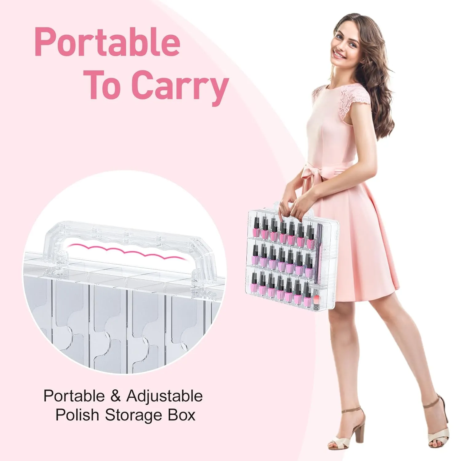 Beloving Nail Polish Organizer, 48 Bottles Transparent Nail Polish Holder with Adjustable Divider, Gel Nail Polish Storage Double Side Nail Polish Organizer Case for Storage Display