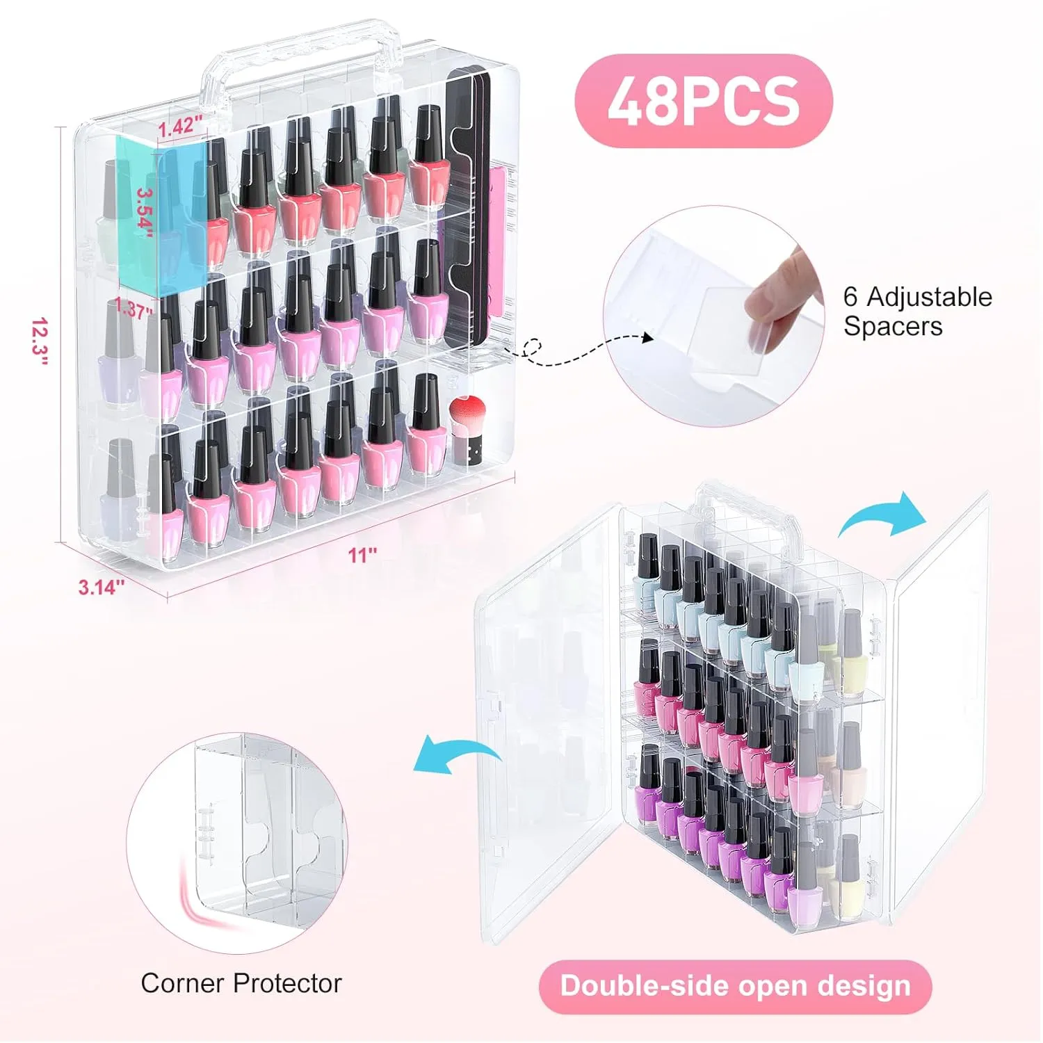 Beloving Nail Polish Organizer, 48 Bottles Transparent Nail Polish Holder with Adjustable Divider, Gel Nail Polish Storage Double Side Nail Polish Organizer Case for Storage Display