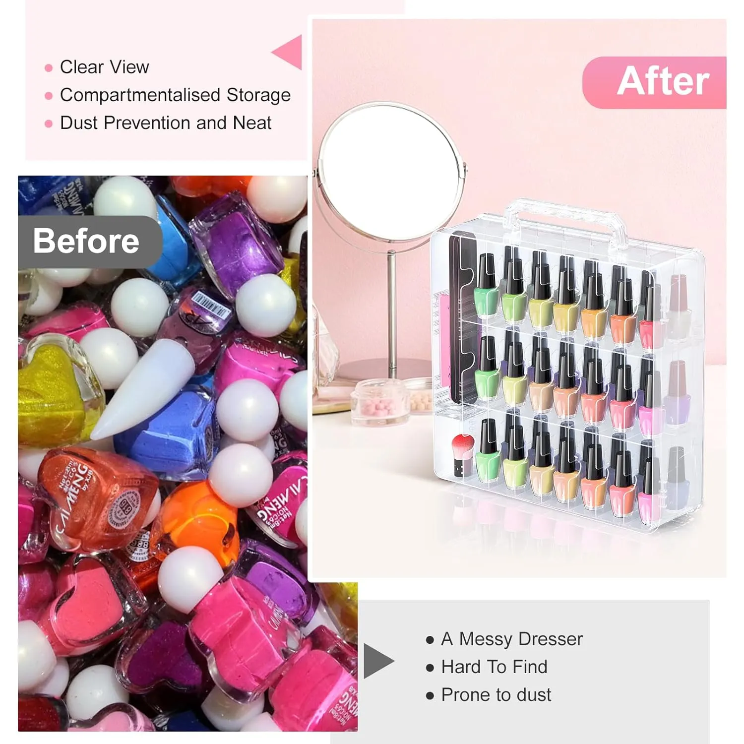 Beloving Nail Polish Organizer, 48 Bottles Transparent Nail Polish Holder with Adjustable Divider, Gel Nail Polish Storage Double Side Nail Polish Organizer Case for Storage Display