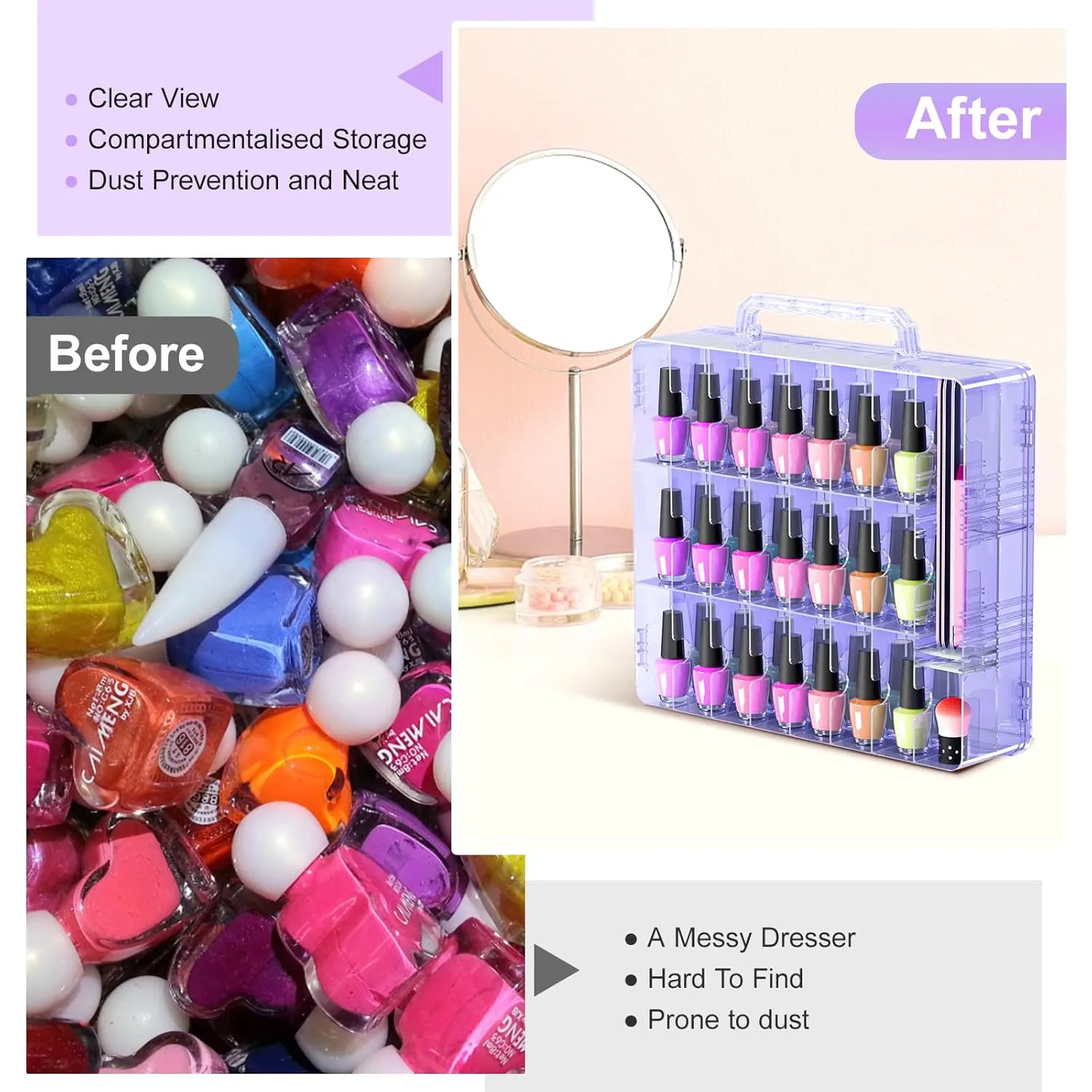 Beloving Nail Polish Organizer Case for 48 Bottles Nail Polish Holder with Adjustable Divider, Gel Nail Polish Storage Double Side Nail Polish Organizer Case for Storage Display, Purple