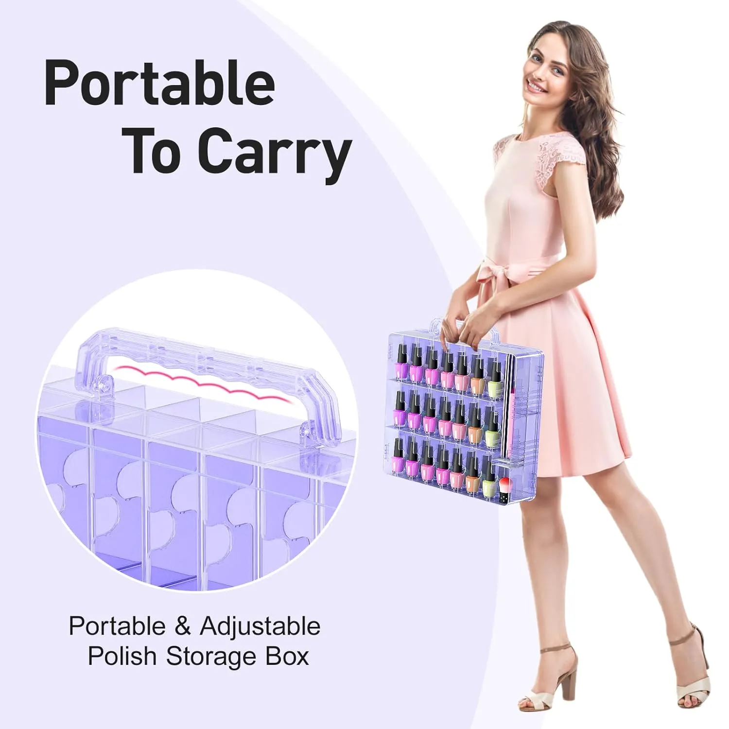 Beloving Nail Polish Organizer Case for 48 Bottles Nail Polish Holder with Adjustable Divider, Gel Nail Polish Storage Double Side Nail Polish Organizer Case for Storage Display, Purple