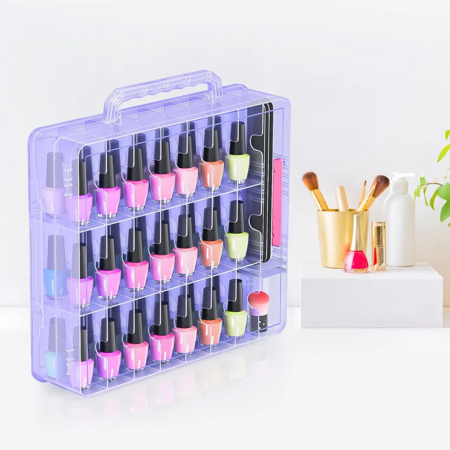 Beloving Nail Polish Organizer Case for 48 Bottles Nail Polish Holder with Adjustable Divider, Gel Nail Polish Storage Double Side Nail Polish Organizer Case for Storage Display, Purple