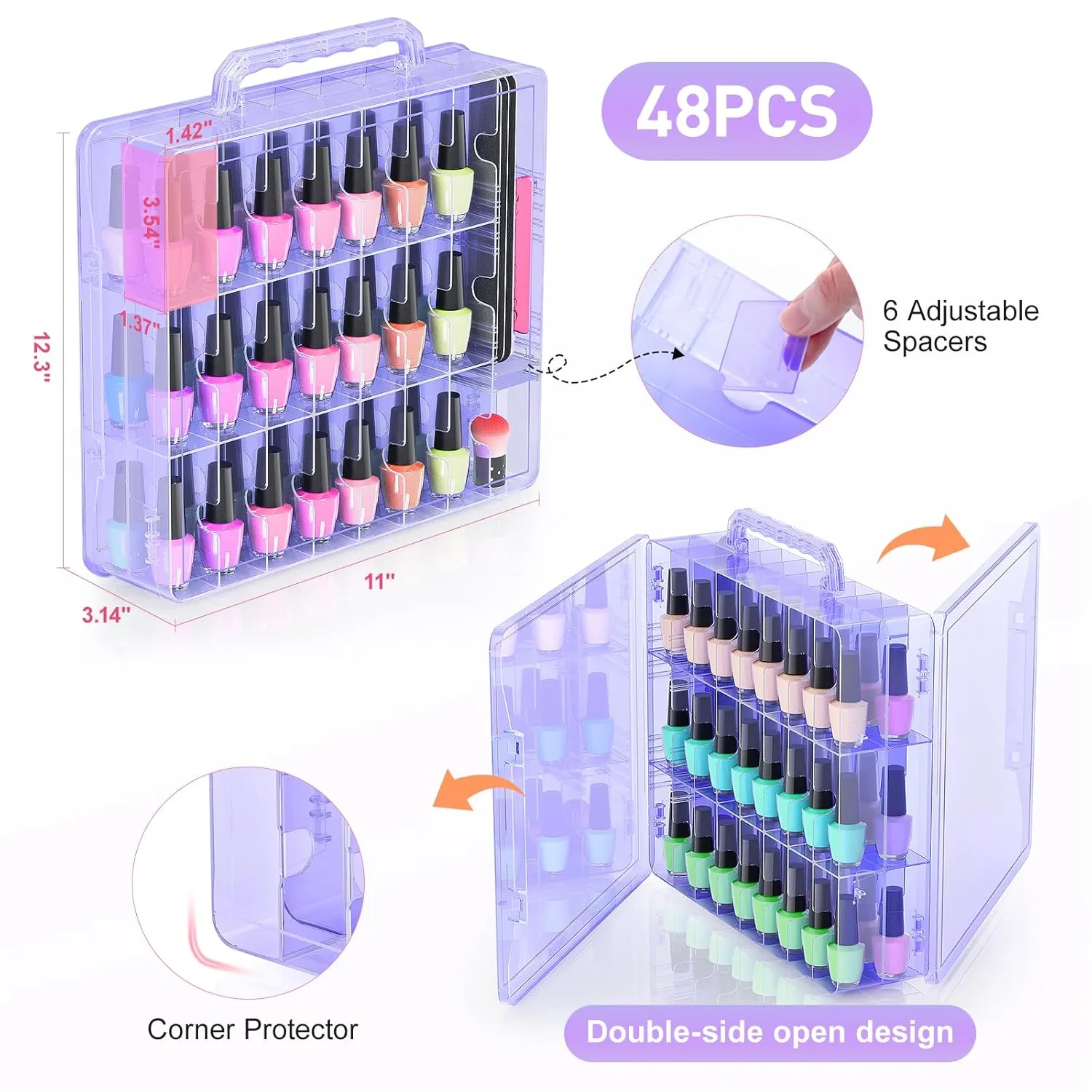 Beloving Nail Polish Organizer Case for 48 Bottles Nail Polish Holder with Adjustable Divider, Gel Nail Polish Storage Double Side Nail Polish Organizer Case for Storage Display, Purple