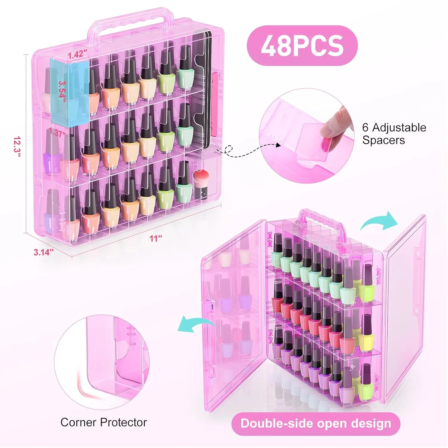 Beloving Nail Polish Organizer Case for 48 Bottles with Adjustable Divider, Double Side Nail Polish Holder for Storage Display, Pink