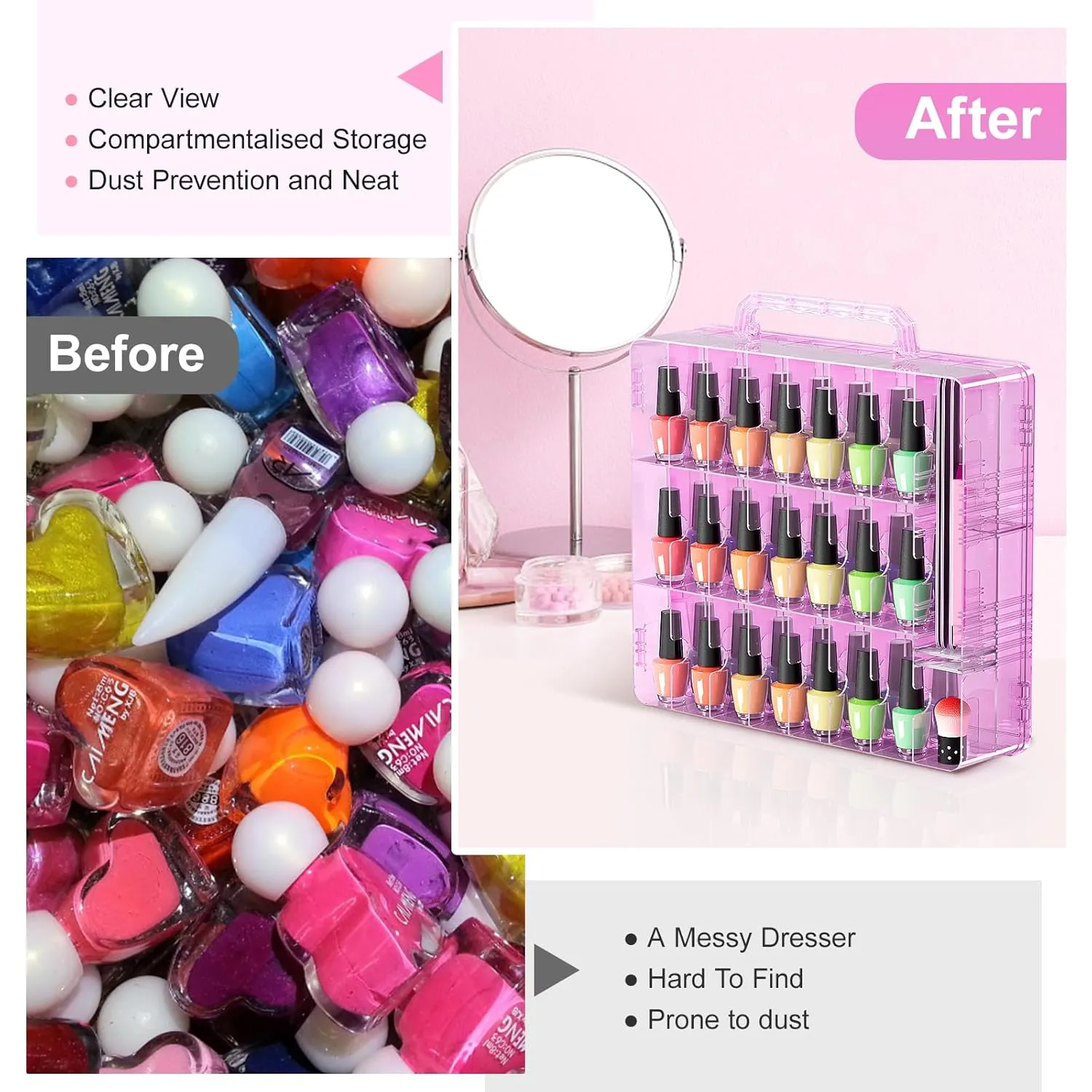 Beloving Nail Polish Organizer Case for 48 Bottles with Adjustable Divider, Double Side Nail Polish Holder for Storage Display, Pink