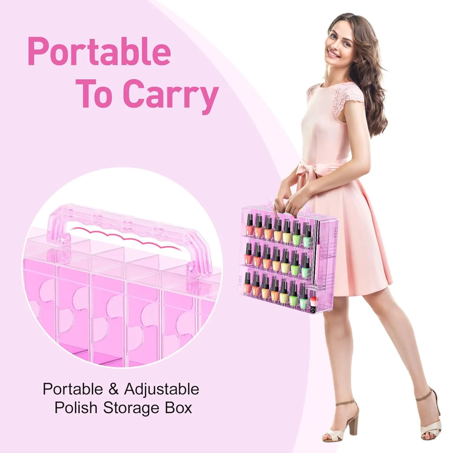 Beloving Nail Polish Organizer Case for 48 Bottles with Adjustable Divider, Double Side Nail Polish Holder for Storage Display, Pink