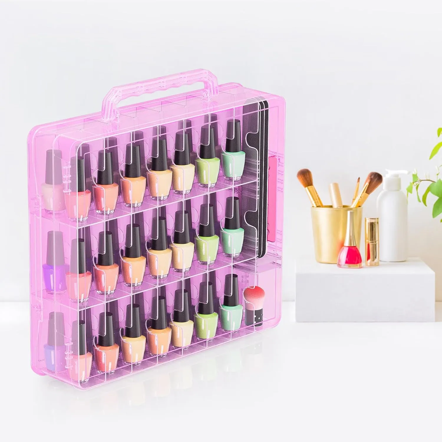 Beloving Nail Polish Organizer Case for 48 Bottles with Adjustable Divider, Double Side Nail Polish Holder for Storage Display, Pink