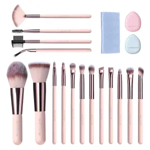 BESTOPE PRO Makeup Brushes, 20PCs Professional Makeup Brush Set, Foundation Concealer Powder Eyeshadow Brush Set Contour Eyebrow Brush Kit with Led Light Mirror Travel Case & Powder Puff-Charm Pink