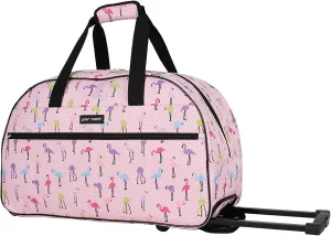 Betsey Johnson Designer Carry On Luggage Collection - Lightweight Pattern 22 Inch Duffel Bag- Weekender Overnight Business Travel Suitcase with 2- Rolling Wheels (Colorful Flamingo)