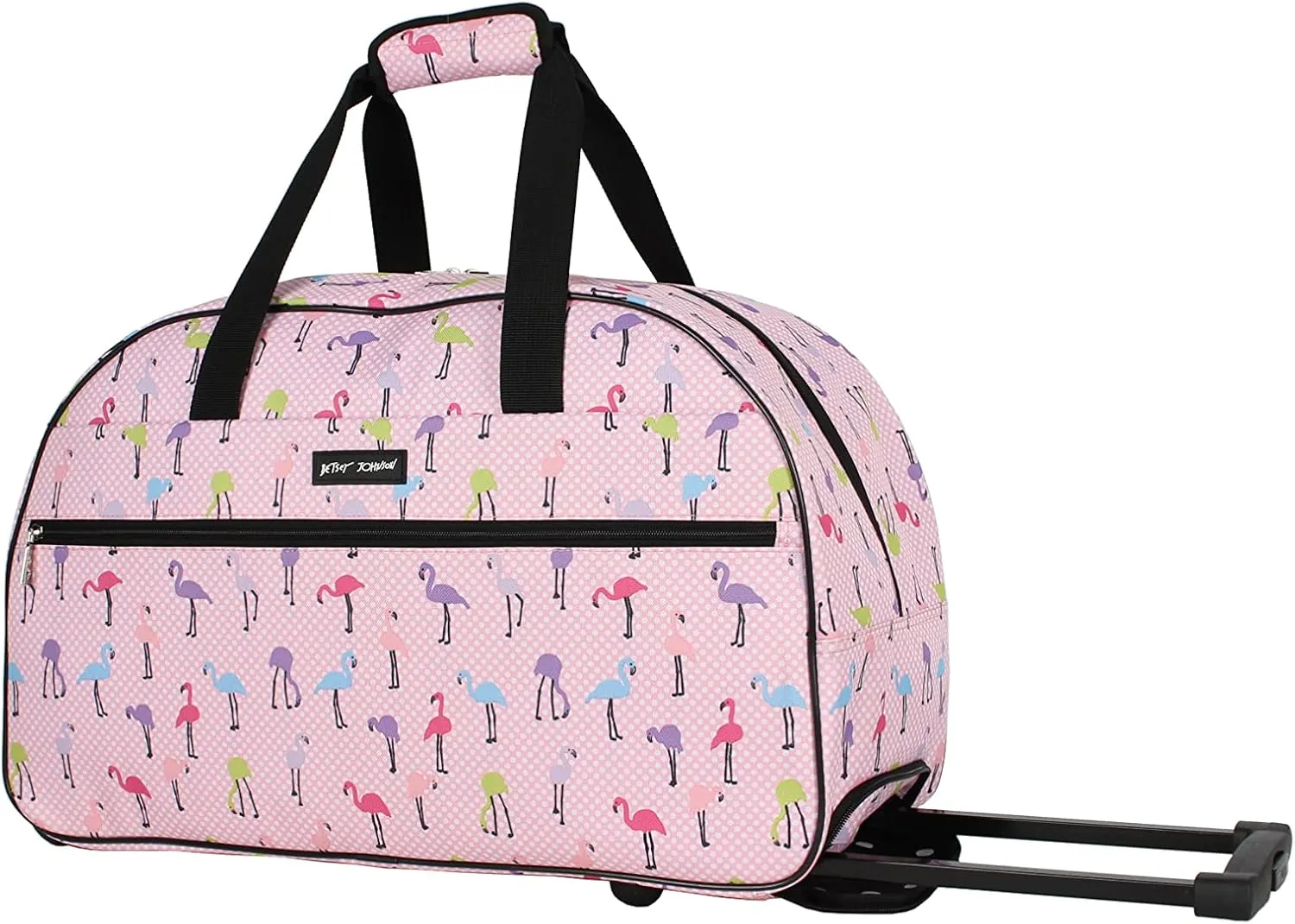 Betsey Johnson Designer Carry On Luggage Collection - Lightweight Pattern 22 Inch Duffel Bag- Weekender Overnight Business Travel Suitcase with 2- Rolling Wheels (Colorful Flamingo)