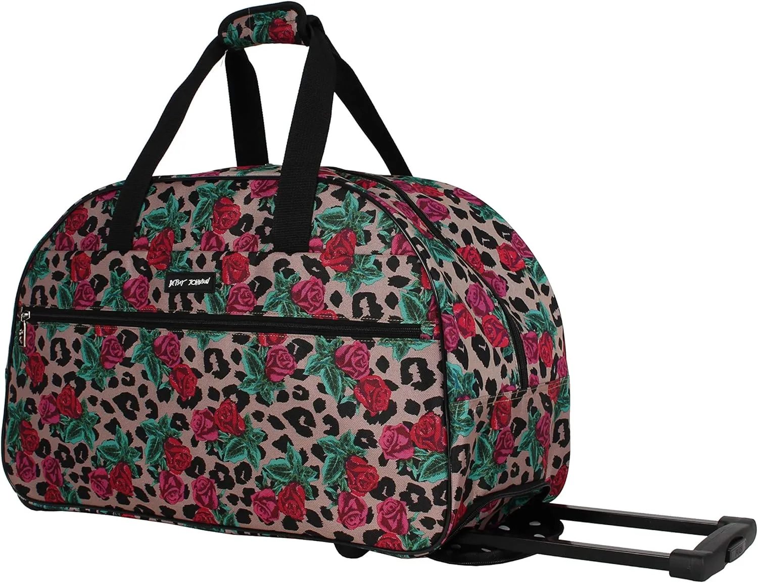 Betsey Johnson Designer Carry On Luggage Collection - Lightweight Pattern 22 Inch Duffel Bag- Weekender Overnight Business Travel Suitcase with 2- Rolling Wheels (One Size, Leopard Rose)