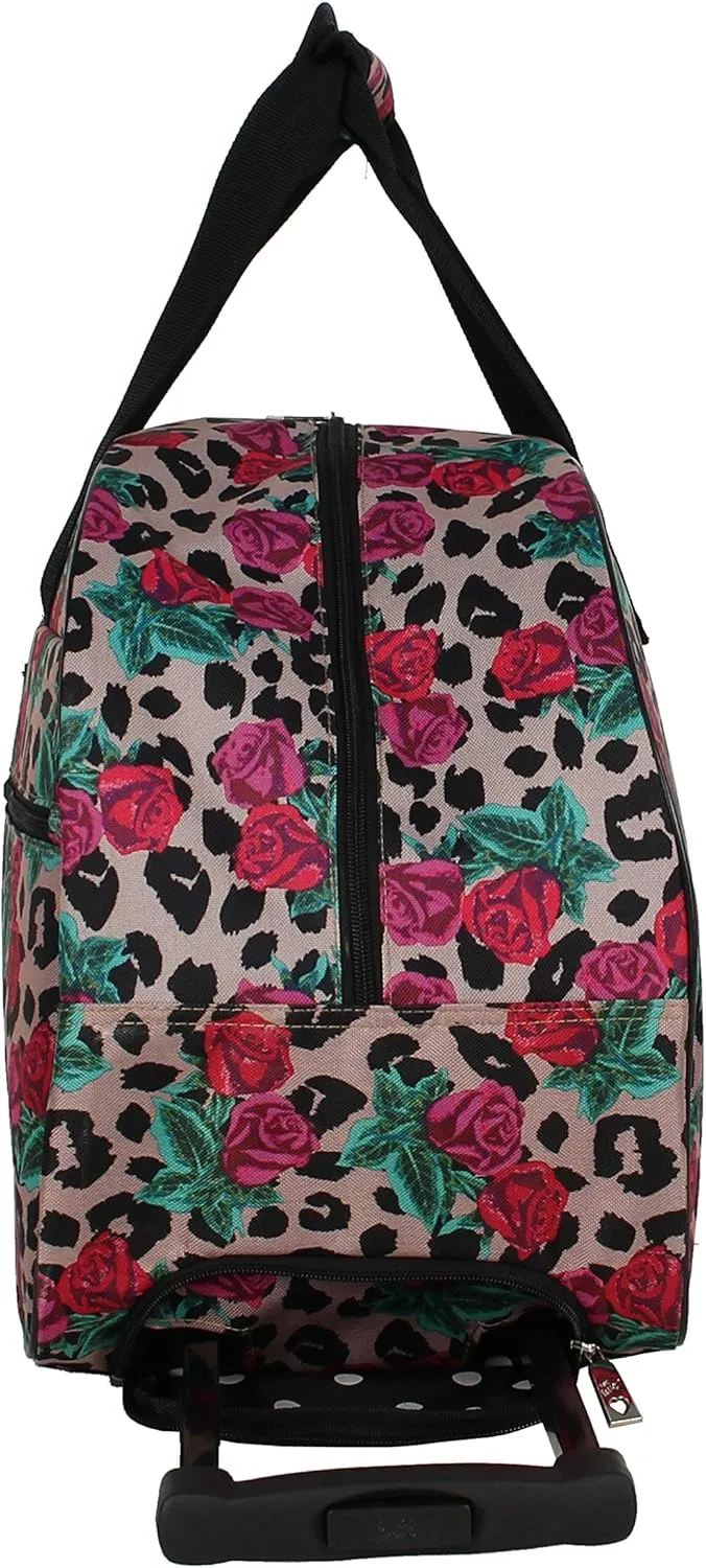 Betsey Johnson Designer Carry On Luggage Collection - Lightweight Pattern 22 Inch Duffel Bag- Weekender Overnight Business Travel Suitcase with 2- Rolling Wheels (One Size, Leopard Rose)