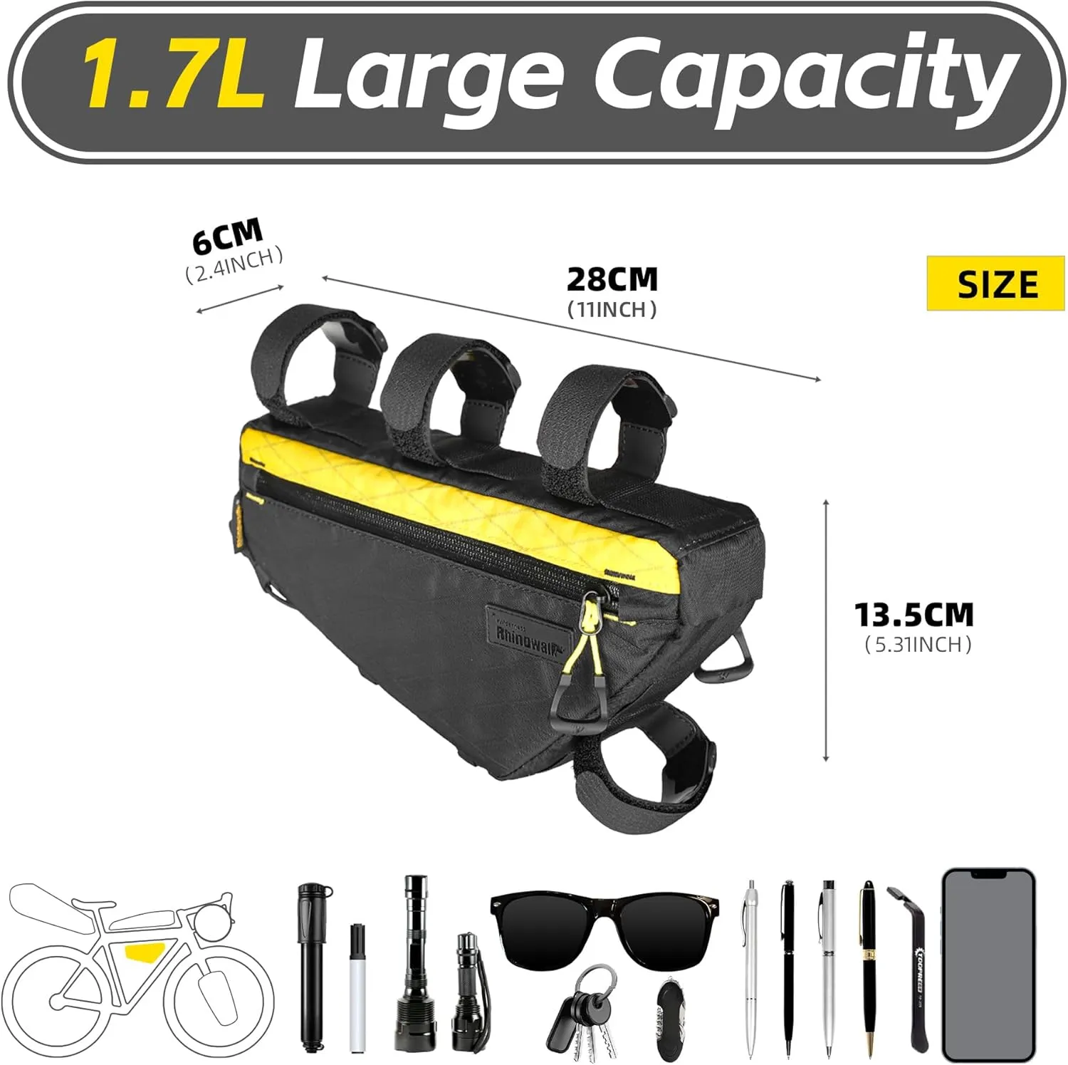 Bicycle Frame Bag Bike Triangle Bag Waterproof Bike Bag 1.7L with Dual Side Mesh Pockets for MTB Road Bike Cycling Commuting and Outdoor Adventures