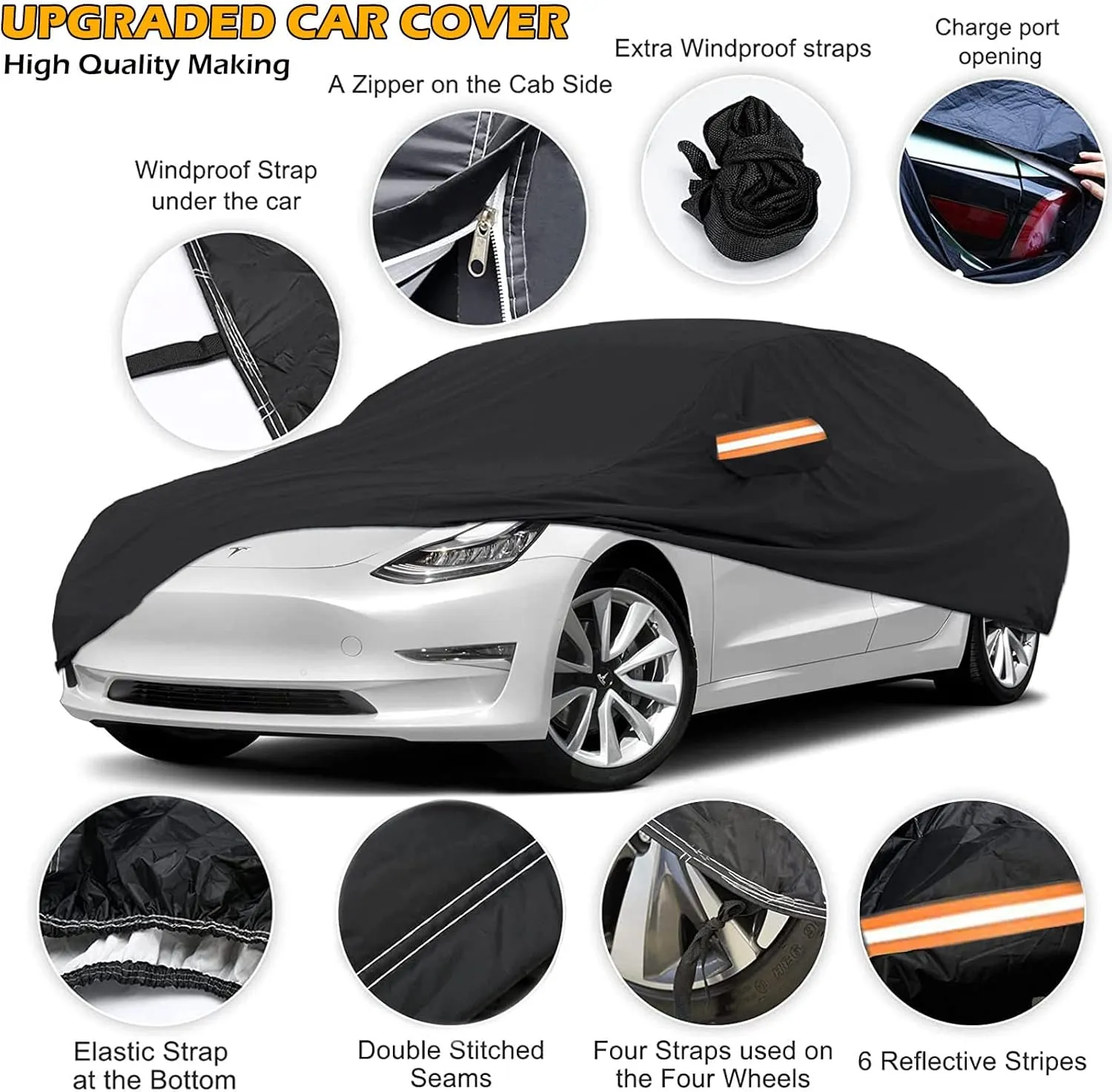 Big Ant Car Cover,Outdoor 100% Waterproof Sedan Car Cover Custom Fit for Tesla Model Y,All Weather Protection Car Covers with Ventilated Mesh & Charging Port Driver Door Zipper,Black