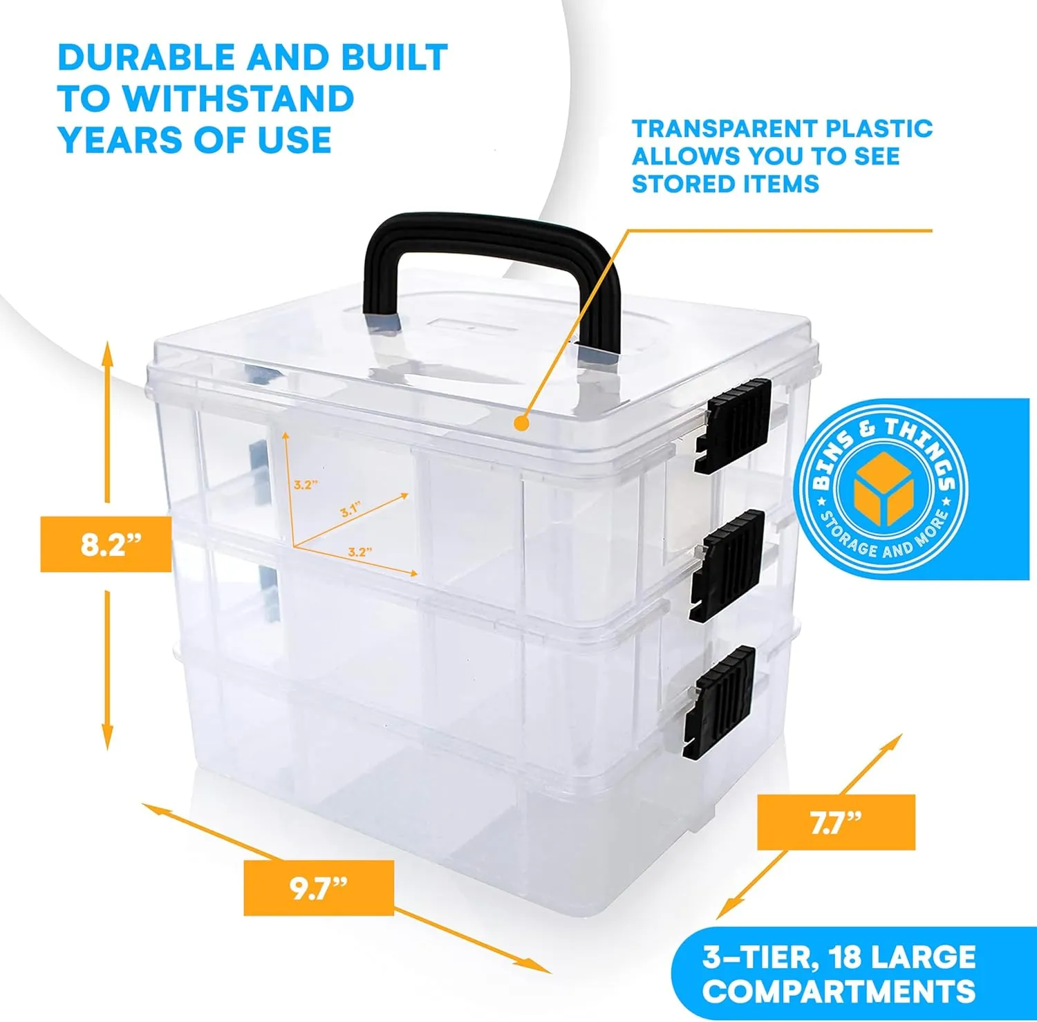 Bins & Things Clear 3-Tier Stackable Storage Containers with Lids - 18 Adjustable Compartments for Bead Organizers and Storages - Organizing Drawers Storage Box for Jewelry, Kids Toys, Makeup