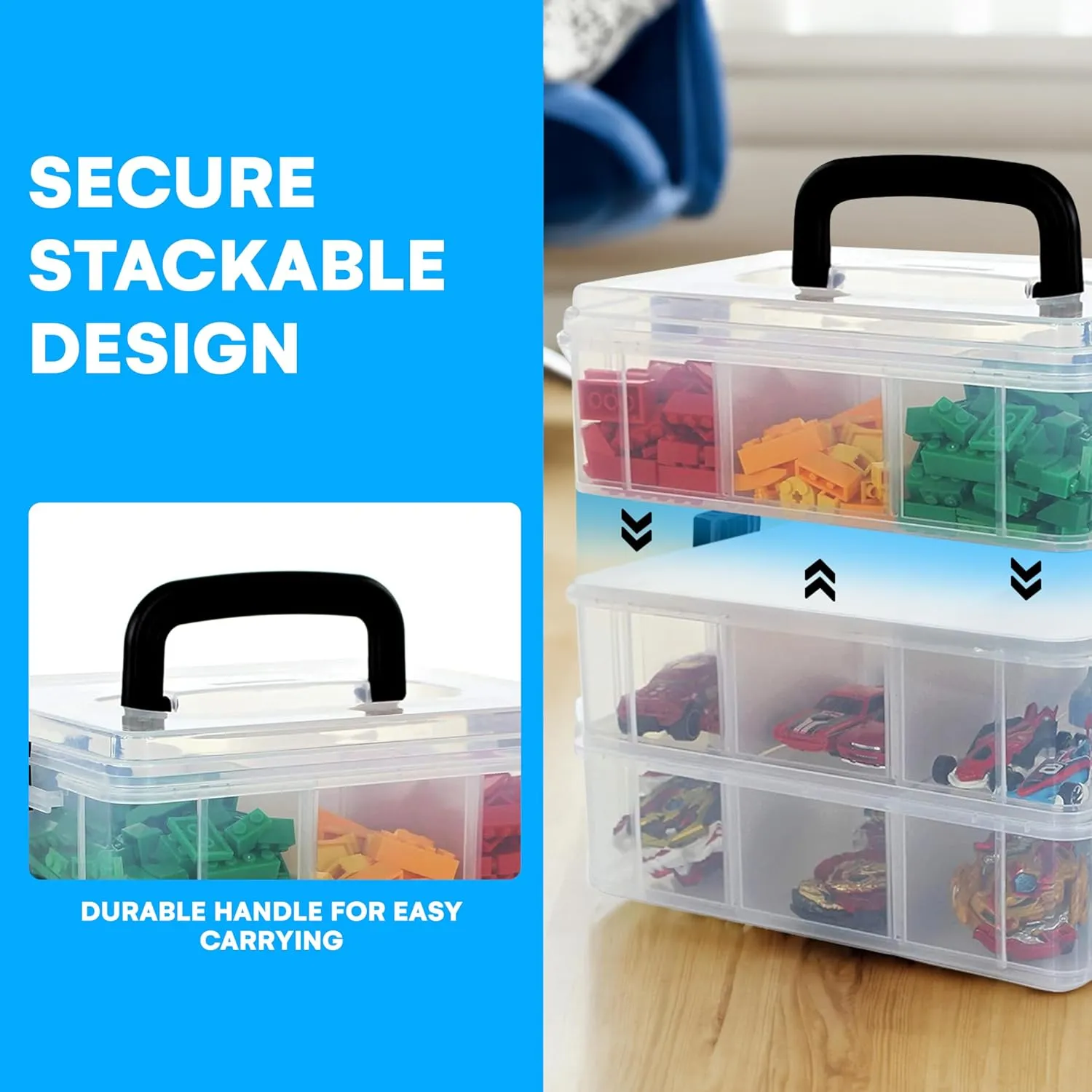 Bins & Things Clear 3-Tier Stackable Storage Containers with Lids - 18 Adjustable Compartments for Bead Organizers and Storages - Organizing Drawers Storage Box for Jewelry, Kids Toys, Makeup