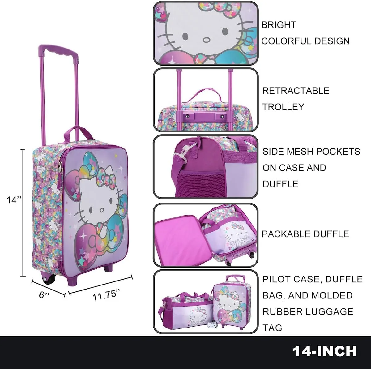 Bioworld Hello Kitty Starshine 3-Piece Youth Pilot Case Duffle Bag & Luggage Tag Carry On Travel Set