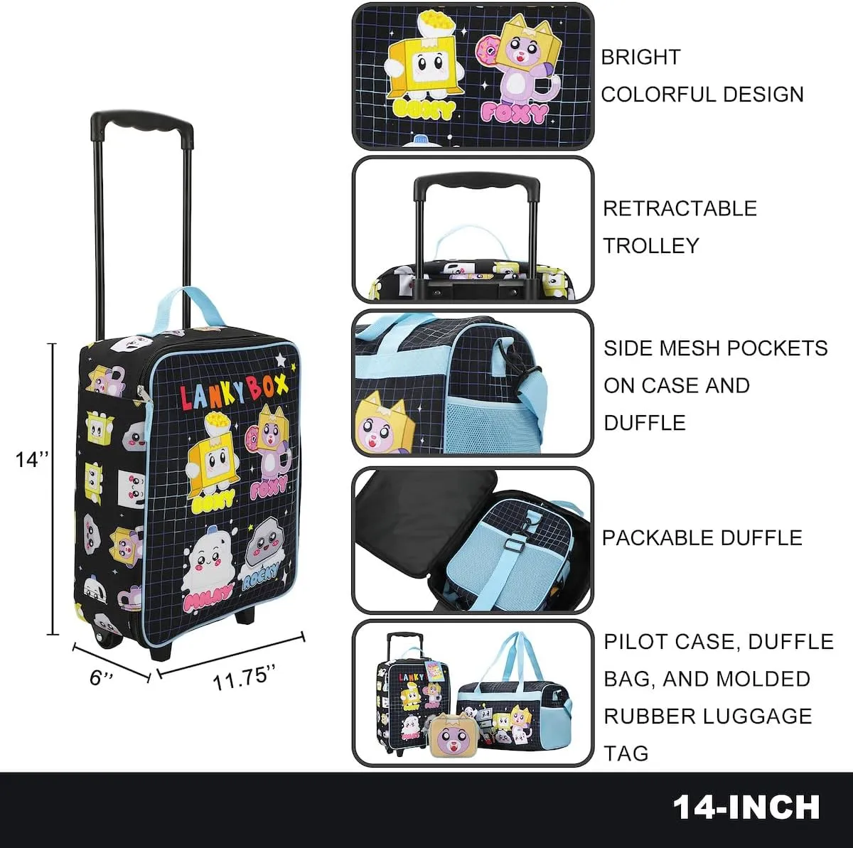 Bioworld LankyBox 4-Piece Kids' Carry On Travel Set – Officially Licensed with 14" Pilot Case, Duffle Bag, Utility Case, and Luggage Tag