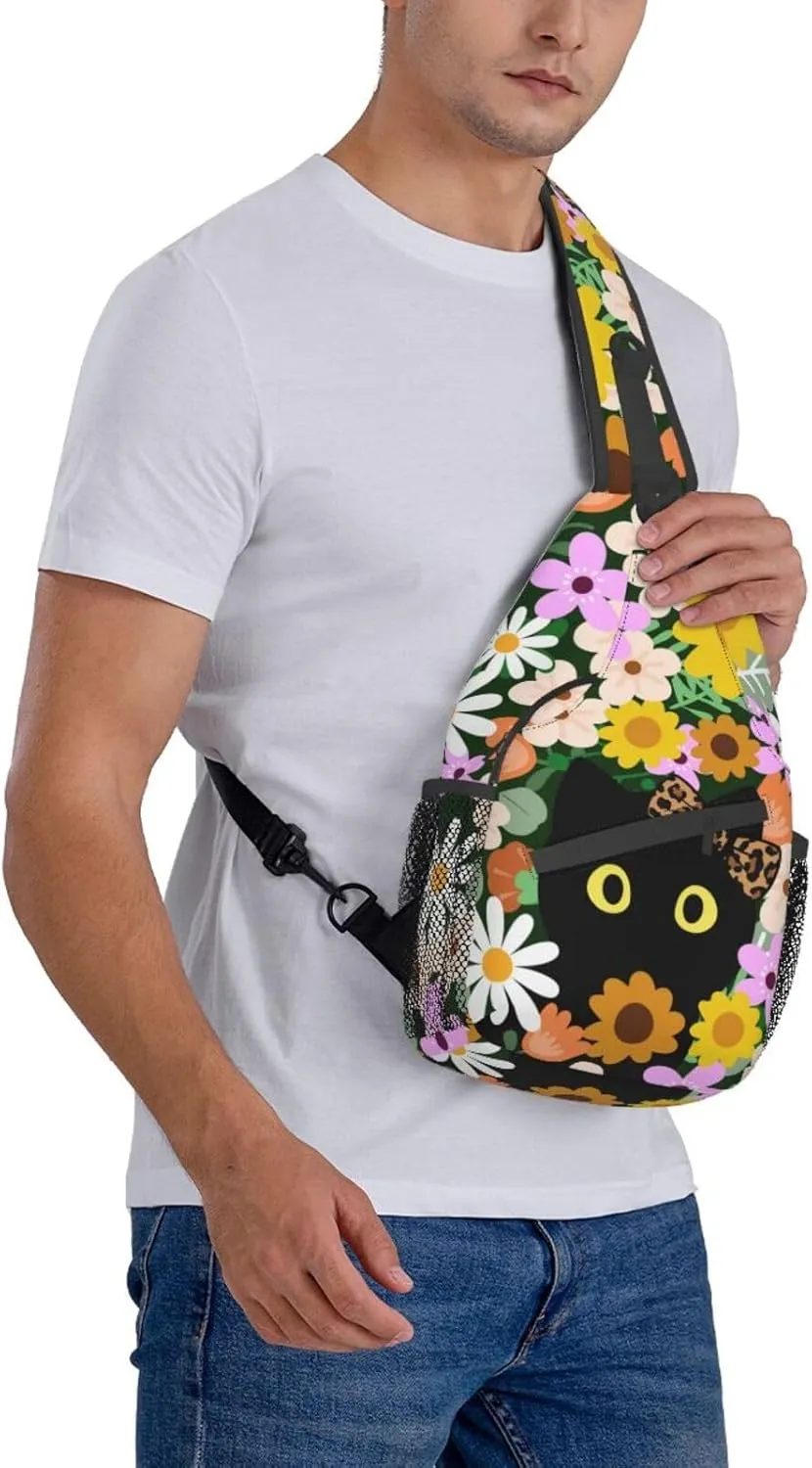 Black Cat Hiding in Flowers Sling Bag for Women Men Crossbody Sling Backpack Casual Hiking Daypack Chest Shoulder Bag with Adjustable Strap