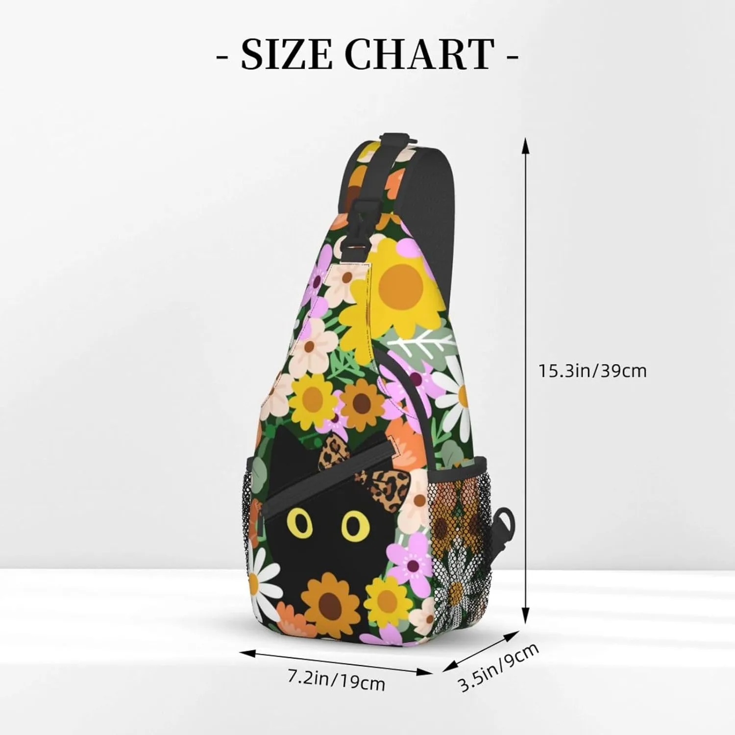 Black Cat Hiding in Flowers Sling Bag for Women Men Crossbody Sling Backpack Casual Hiking Daypack Chest Shoulder Bag with Adjustable Strap