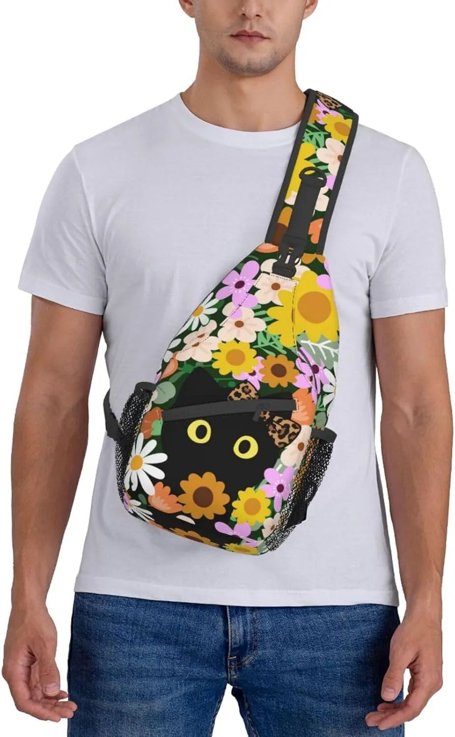 Black Cat Hiding in Flowers Sling Bag for Women Men Crossbody Sling Backpack Casual Hiking Daypack Chest Shoulder Bag with Adjustable Strap