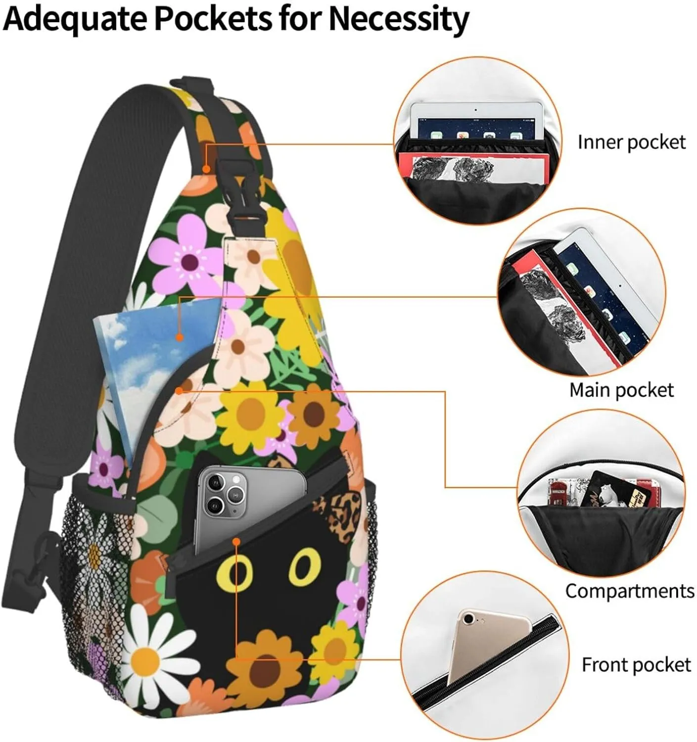 Black Cat Hiding in Flowers Sling Bag for Women Men Crossbody Sling Backpack Casual Hiking Daypack Chest Shoulder Bag with Adjustable Strap