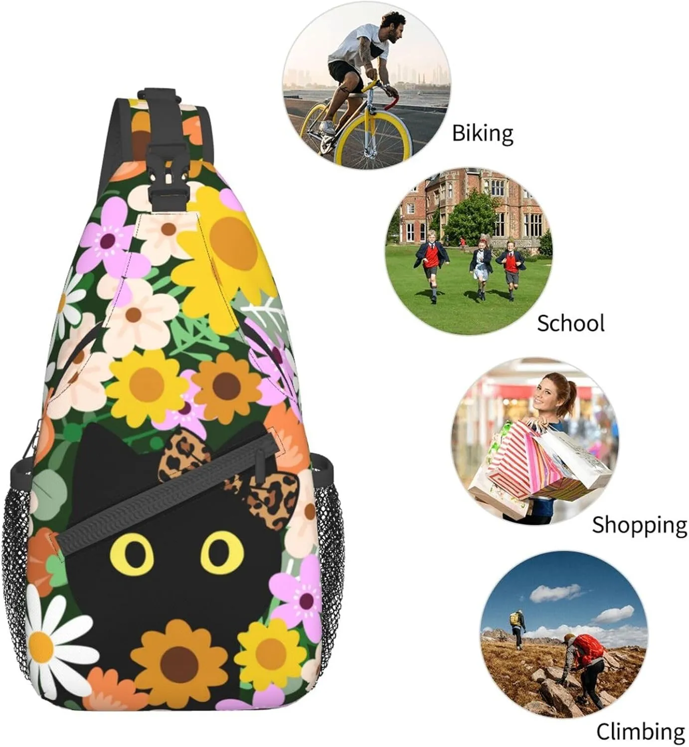 Black Cat Hiding in Flowers Sling Bag for Women Men Crossbody Sling Backpack Casual Hiking Daypack Chest Shoulder Bag with Adjustable Strap