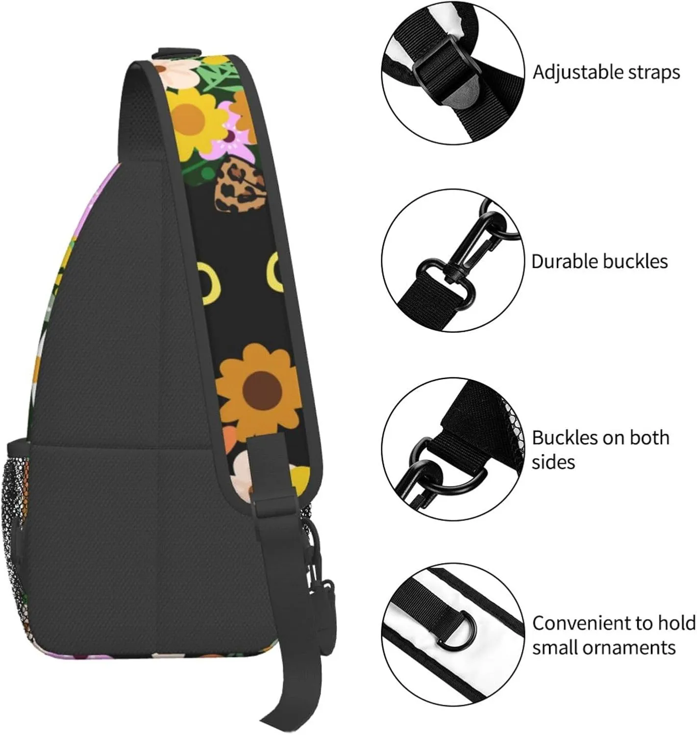 Black Cat Hiding in Flowers Sling Bag for Women Men Crossbody Sling Backpack Casual Hiking Daypack Chest Shoulder Bag with Adjustable Strap