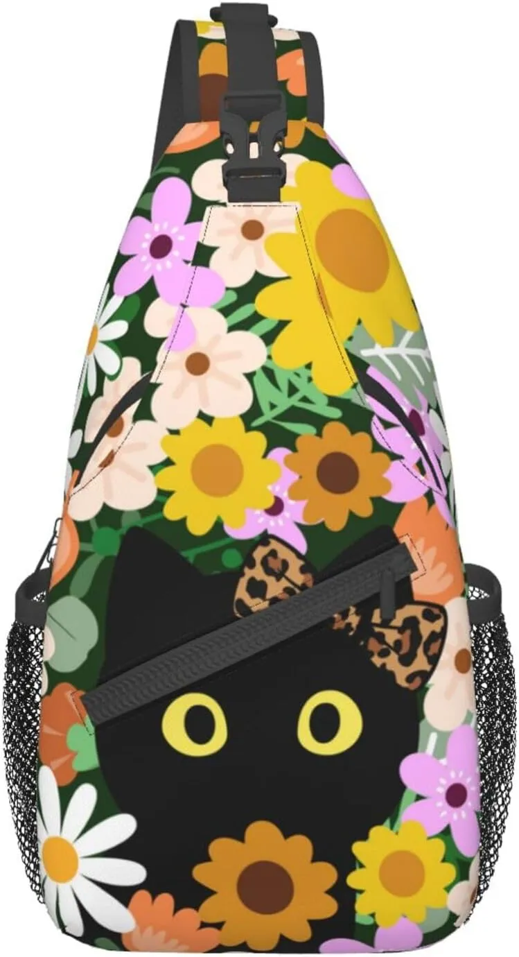 Black Cat Hiding in Flowers Sling Bag for Women Men Crossbody Sling Backpack Casual Hiking Daypack Chest Shoulder Bag with Adjustable Strap