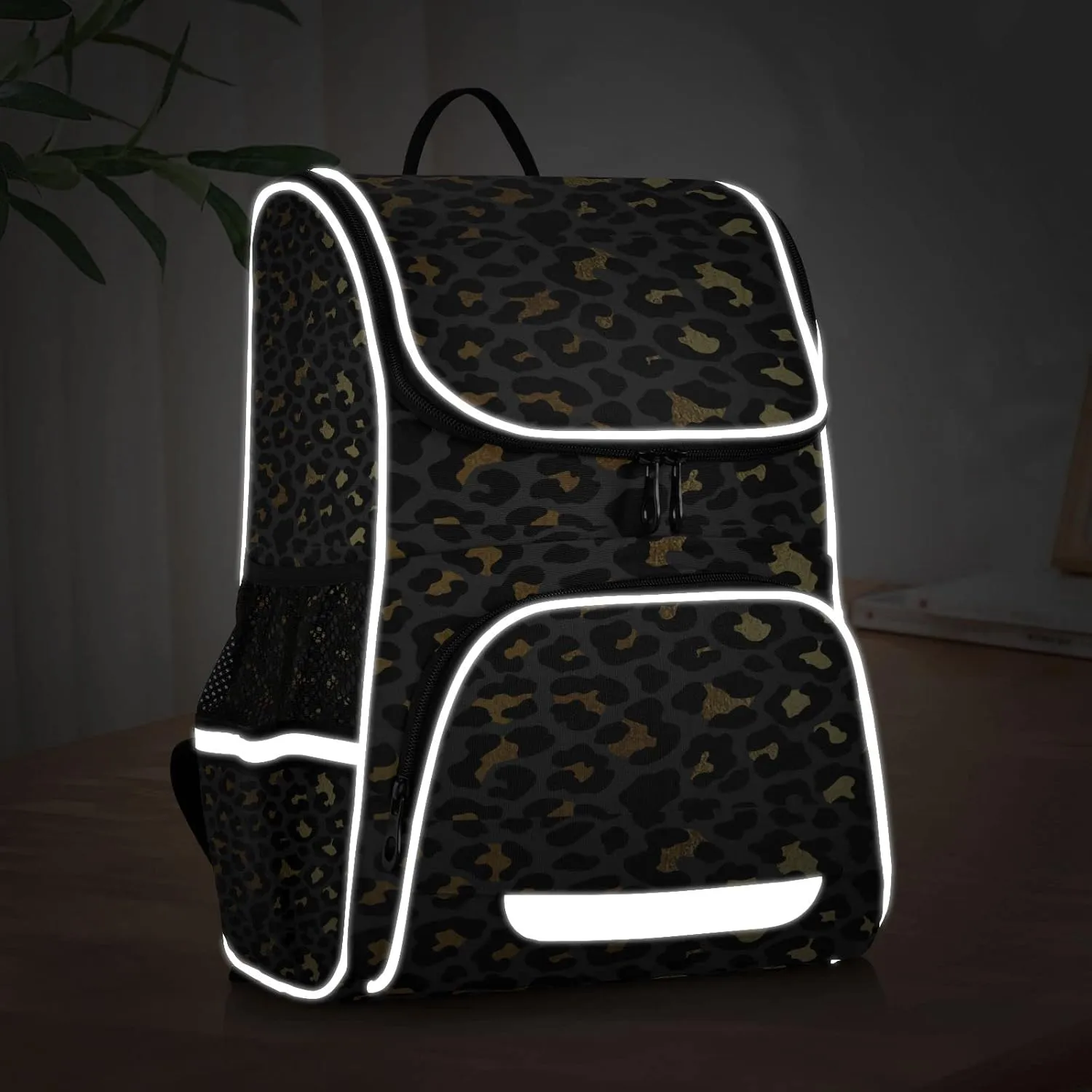 Black Gold Leopard Skin Backpack for Women Men Travel Laptop Backpacks 16 Inch,Luxury Lightweight BookbagCasual Daypack Backpack with Reflective Stripes