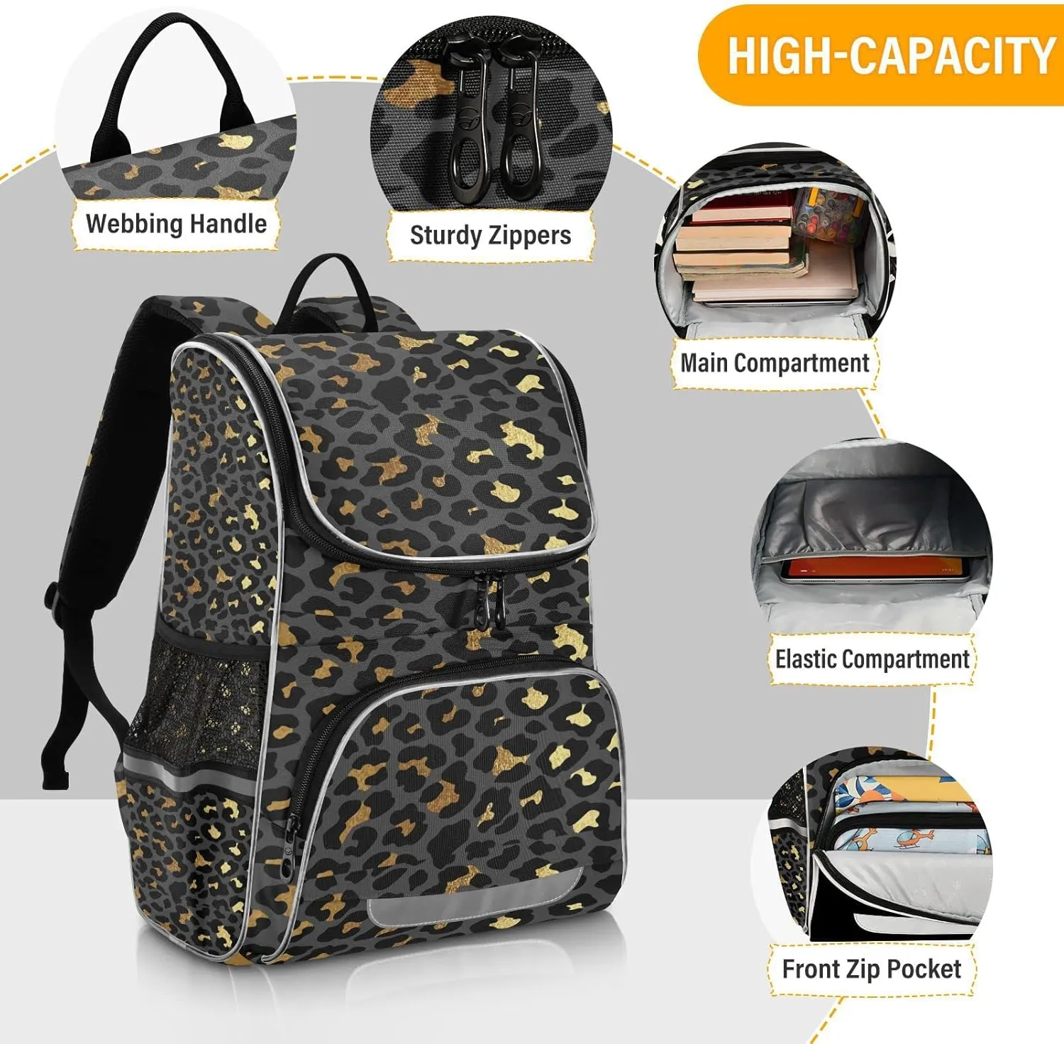 Black Gold Leopard Skin Backpack for Women Men Travel Laptop Backpacks 16 Inch,Luxury Lightweight BookbagCasual Daypack Backpack with Reflective Stripes
