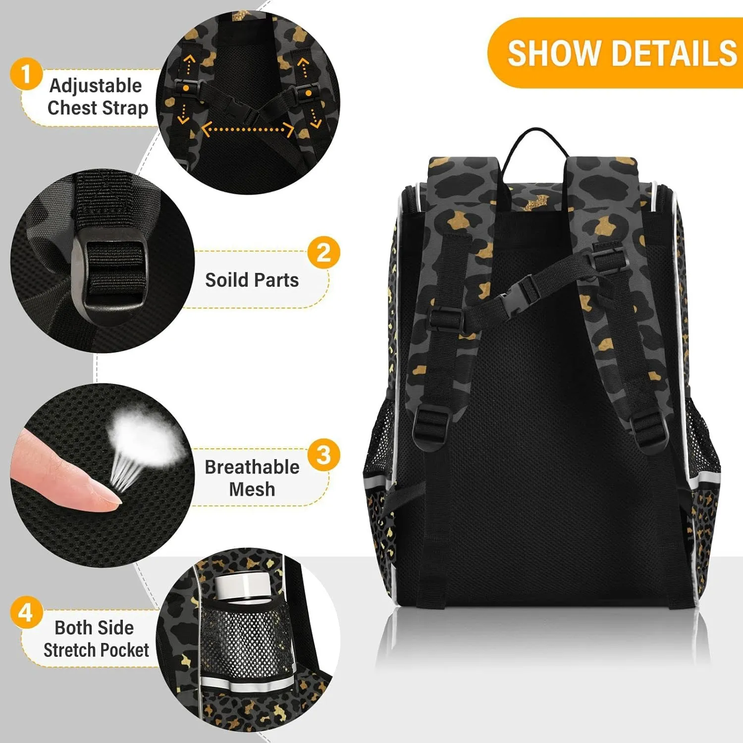 Black Gold Leopard Skin Backpack for Women Men Travel Laptop Backpacks 16 Inch,Luxury Lightweight BookbagCasual Daypack Backpack with Reflective Stripes