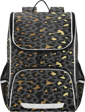 Black Gold Leopard Skin Backpack for Women Men Travel Laptop Backpacks 16 Inch,Luxury Lightweight BookbagCasual Daypack Backpack with Reflective Stripes