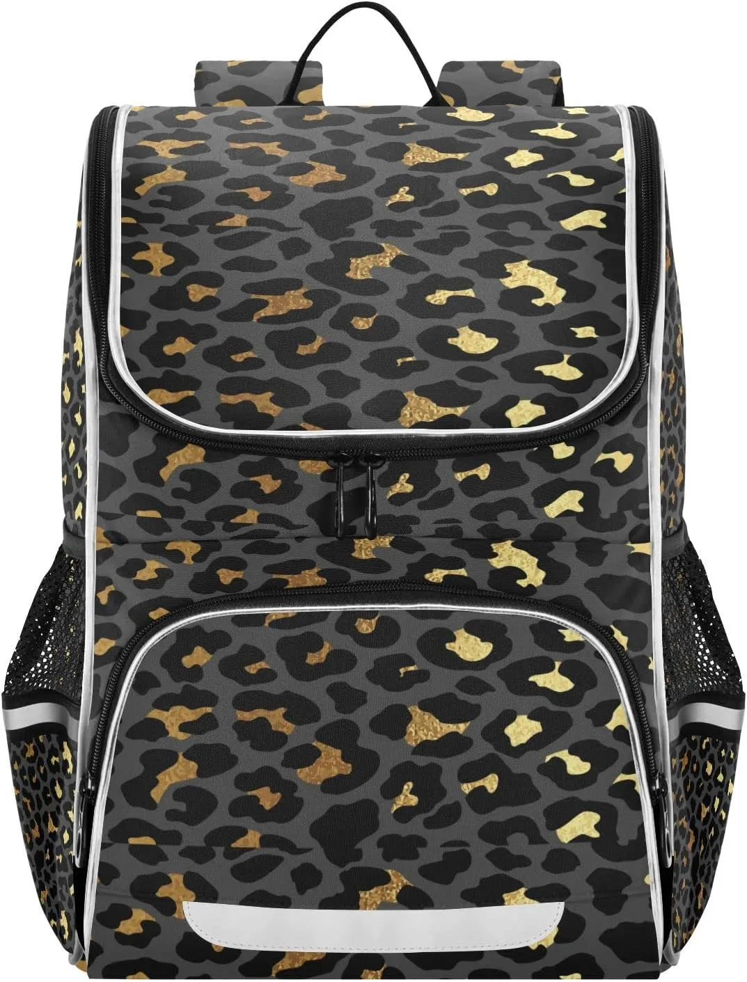 Black Gold Leopard Skin Backpack for Women Men Travel Laptop Backpacks 16 Inch,Luxury Lightweight BookbagCasual Daypack Backpack with Reflective Stripes