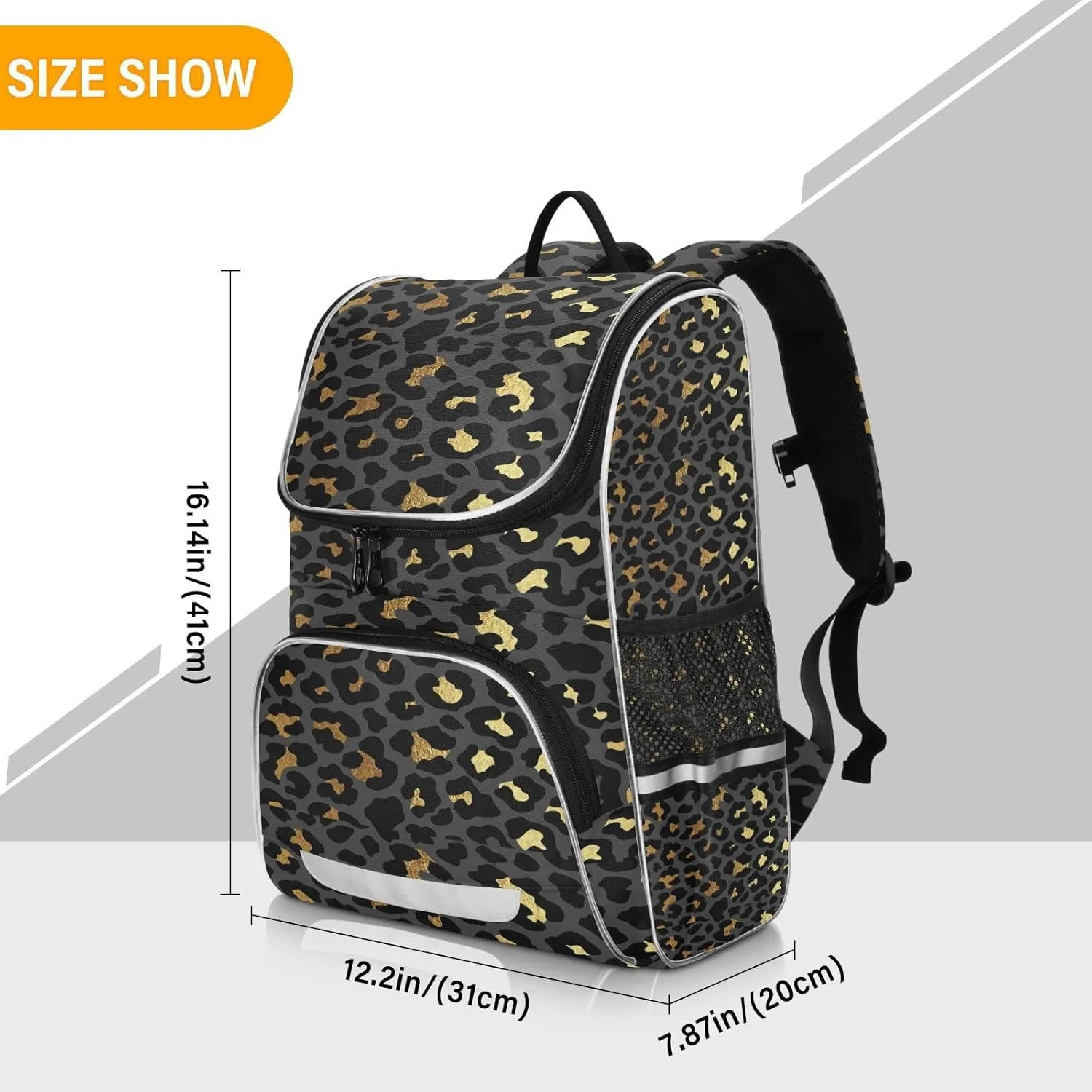 Black Gold Leopard Skin Backpack for Women Men Travel Laptop Backpacks 16 Inch,Luxury Lightweight BookbagCasual Daypack Backpack with Reflective Stripes
