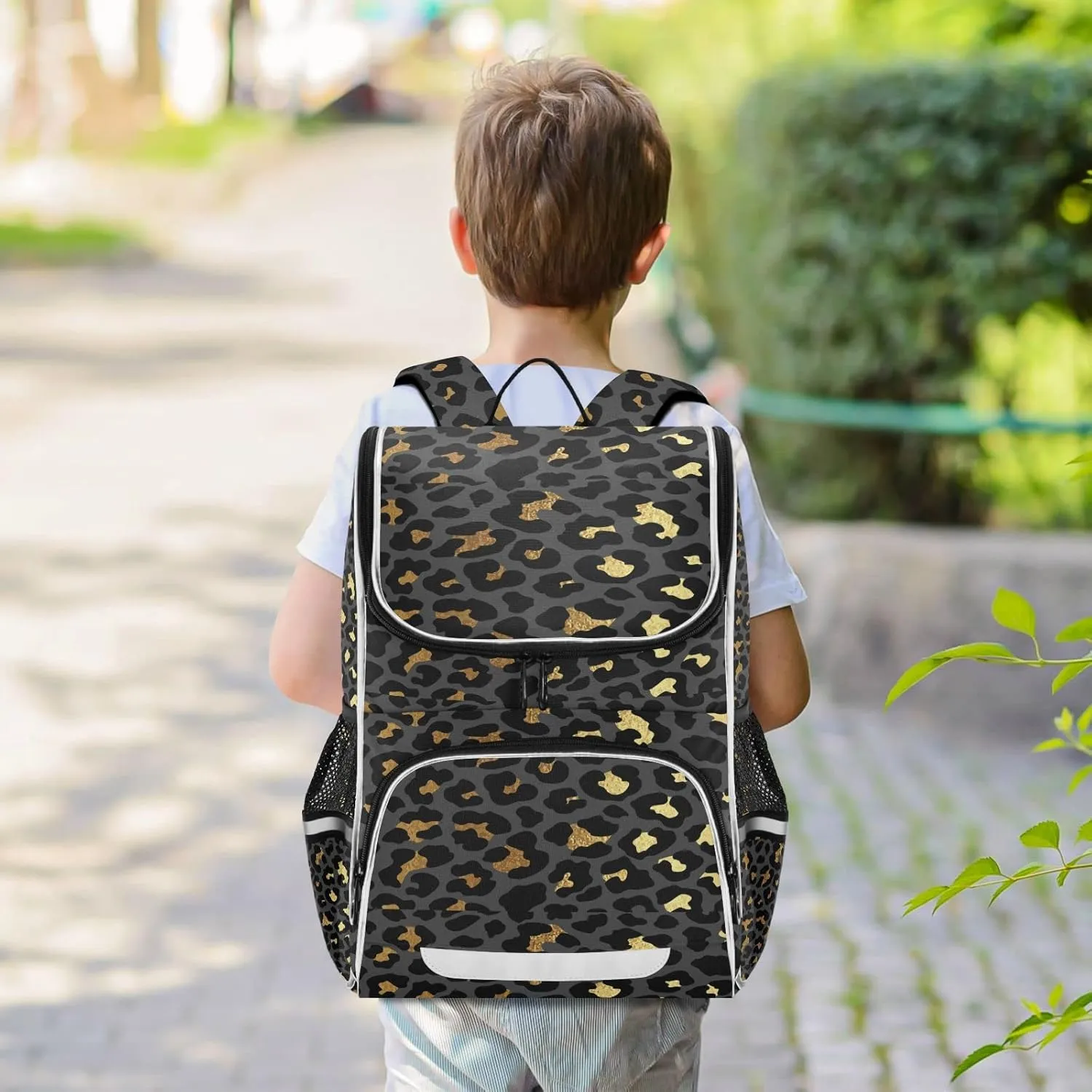 Black Gold Leopard Skin Backpack for Women Men Travel Laptop Backpacks 16 Inch,Luxury Lightweight BookbagCasual Daypack Backpack with Reflective Stripes