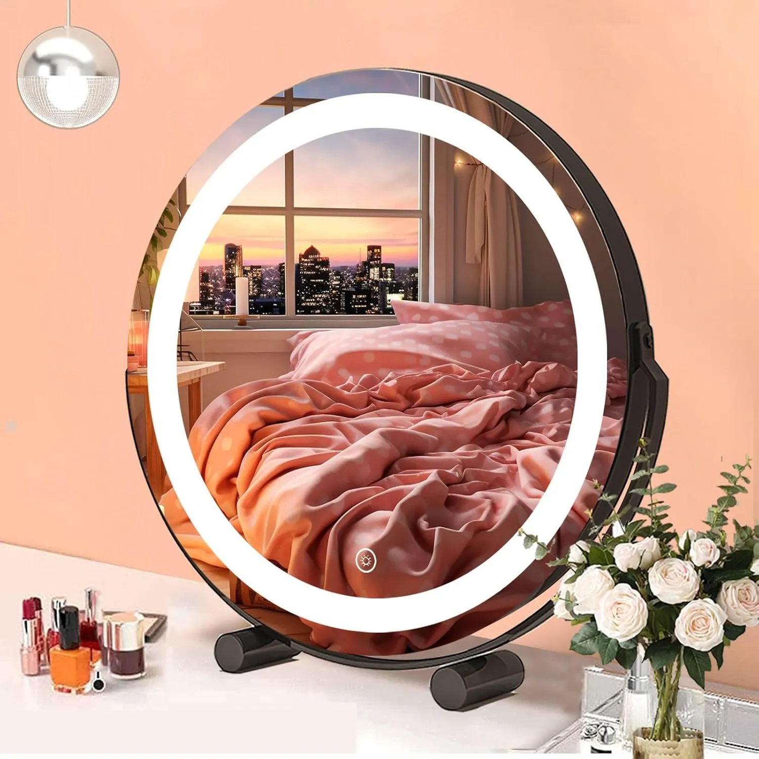 Black LED Makeup Mirror Desktop Desktop Fill Light Smart Bedroom Dressing Table Mirror with Adjustable Brightness and 3 Color Temperatures Suitable for Dressing Room(15.7"X17.3")