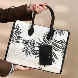 Black Printed Satchel Tote with Pouch (Large)