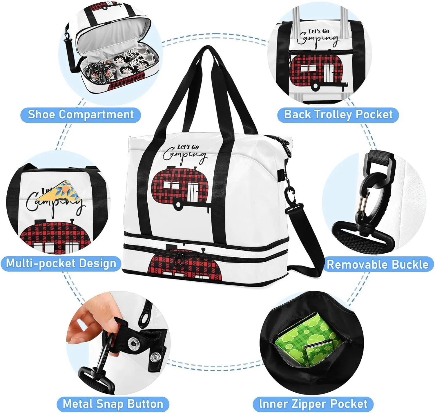 Black Red Checker Plaid Grid Camper Car Let's Go Camping Gym Duffel Bag, Polyester Travel Weekender Luggage Handbag with Waterproof Pocket for Wet Items, Unisex Foldable Tote for Sports