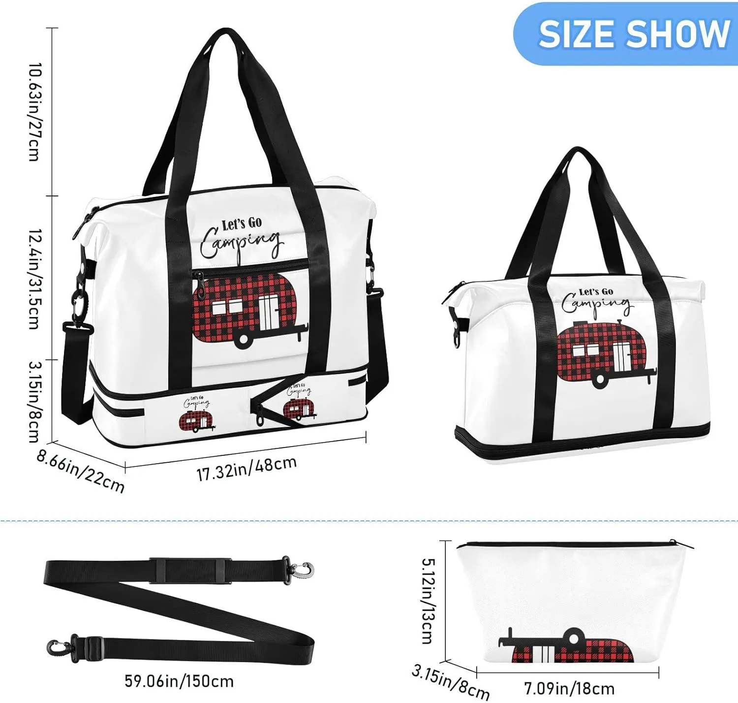 Black Red Checker Plaid Grid Camper Car Let's Go Camping Gym Duffel Bag, Polyester Travel Weekender Luggage Handbag with Waterproof Pocket for Wet Items, Unisex Foldable Tote for Sports