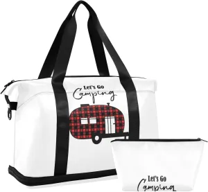 Black Red Checker Plaid Grid Camper Car Let's Go Camping Gym Duffel Bag, Polyester Travel Weekender Luggage Handbag with Waterproof Pocket for Wet Items, Unisex Foldable Tote for Sports