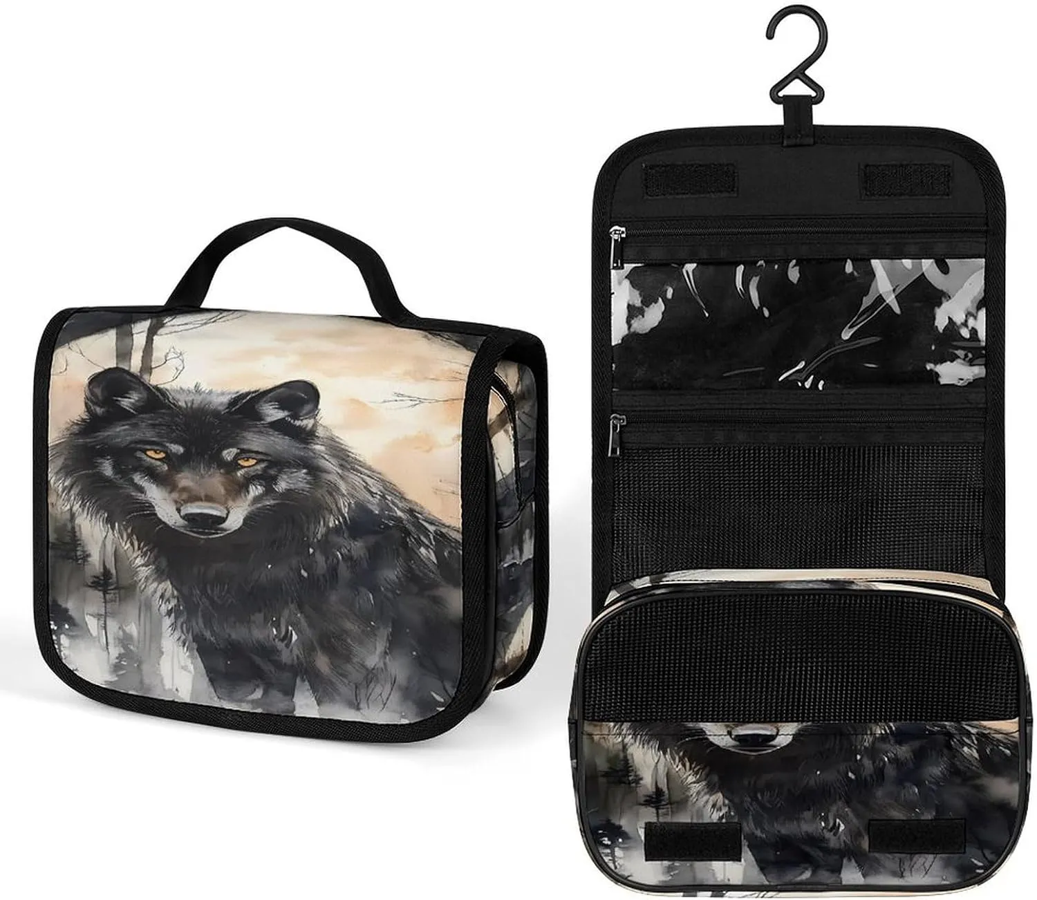 Black Wolf in The Forests Makeup Bag Portable Hanging Organizer for Travel Wash Bags With Handle And Divider