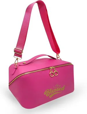 BLESSED Travel Makeup Bag for Women - Large Capacity Cosmetic Organizer, Waterproof Portable Leather Toiletry Pouch with Divider and Handle - Ideal Make up Bag, Toiletry Organizer(Pink)