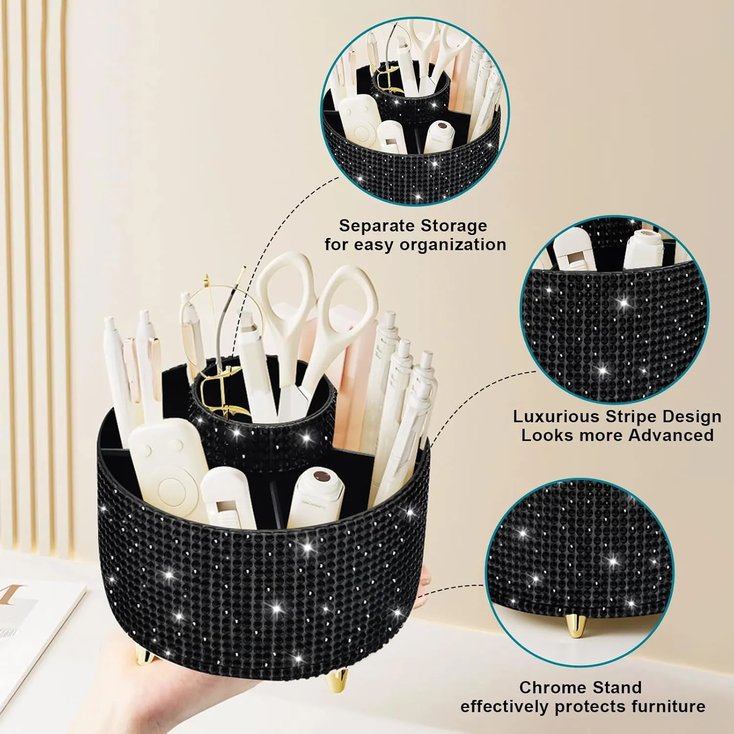 Bling Diamond 360° Makeup Brush Holder Organizer, Rotating Makeup Brush Organizer,5 Slot Make up Brushes Cup for Cosmetics, Vanity Desktop Organizer, Gift for Women Teen Girls- Diamond Black
