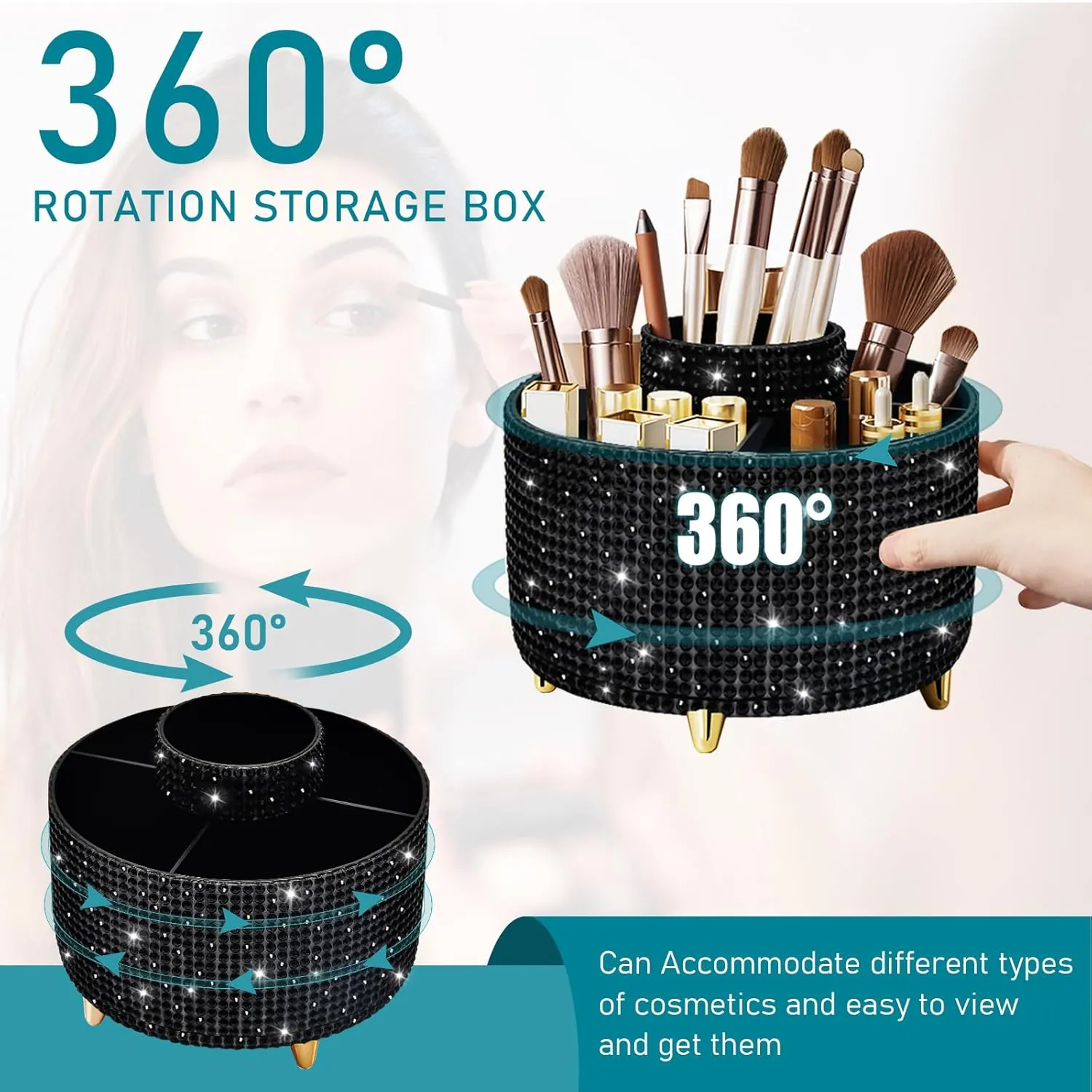 Bling Diamond 360° Makeup Brush Holder Organizer, Rotating Makeup Brush Organizer,5 Slot Make up Brushes Cup for Cosmetics, Vanity Desktop Organizer, Gift for Women Teen Girls- Diamond Black