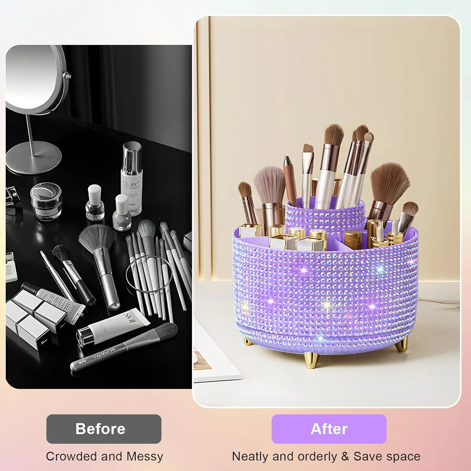 Bling Diamond 360° Makeup Brush Holder Organizer, Rotating Makeup Brush Organizer,5 Slot Make up Brushes Cup for Cosmetics, Vanity Desktop Organizer, Gift for Women Teen Girls- Diamond Purple