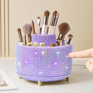 Bling Diamond 360° Makeup Brush Holder Organizer, Rotating Makeup Brush Organizer,5 Slot Make up Brushes Cup for Cosmetics, Vanity Desktop Organizer, Gift for Women Teen Girls- Diamond Purple