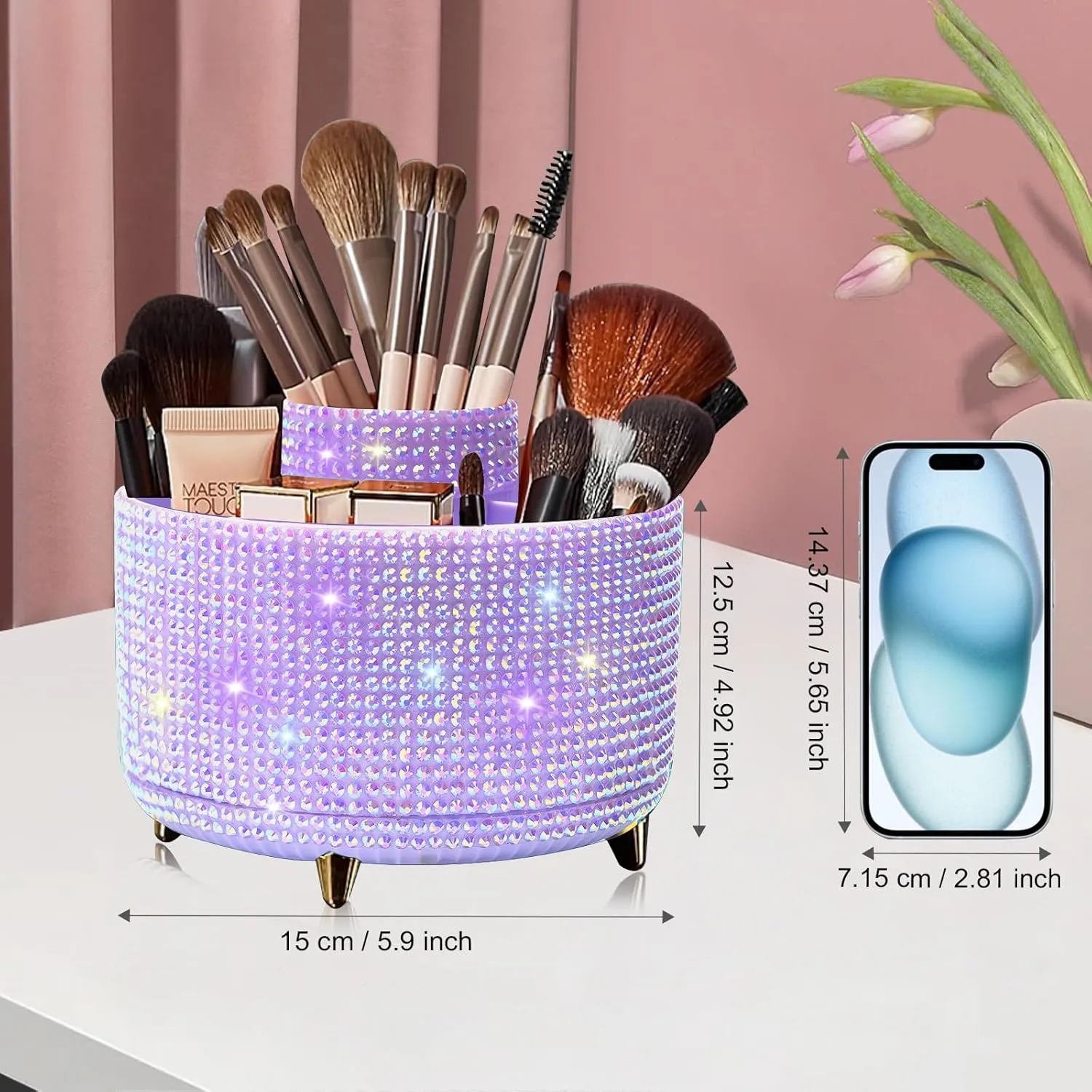 Bling Diamond 360° Makeup Brush Holder Organizer, Rotating Makeup Brush Organizer,5 Slot Make up Brushes Cup for Cosmetics, Vanity Desktop Organizer, Gift for Women Teen Girls- Diamond Purple