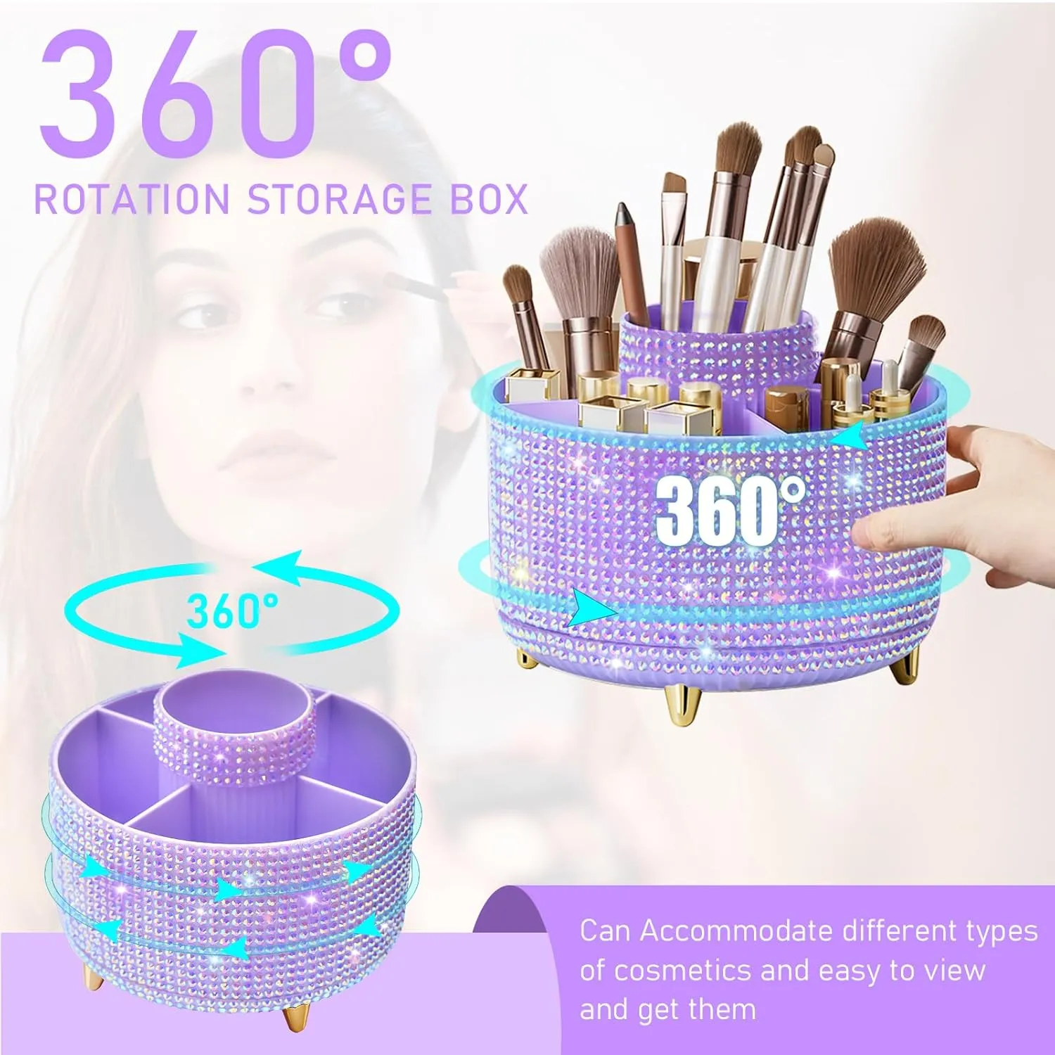 Bling Diamond 360° Makeup Brush Holder Organizer, Rotating Makeup Brush Organizer,5 Slot Make up Brushes Cup for Cosmetics, Vanity Desktop Organizer, Gift for Women Teen Girls- Diamond Purple